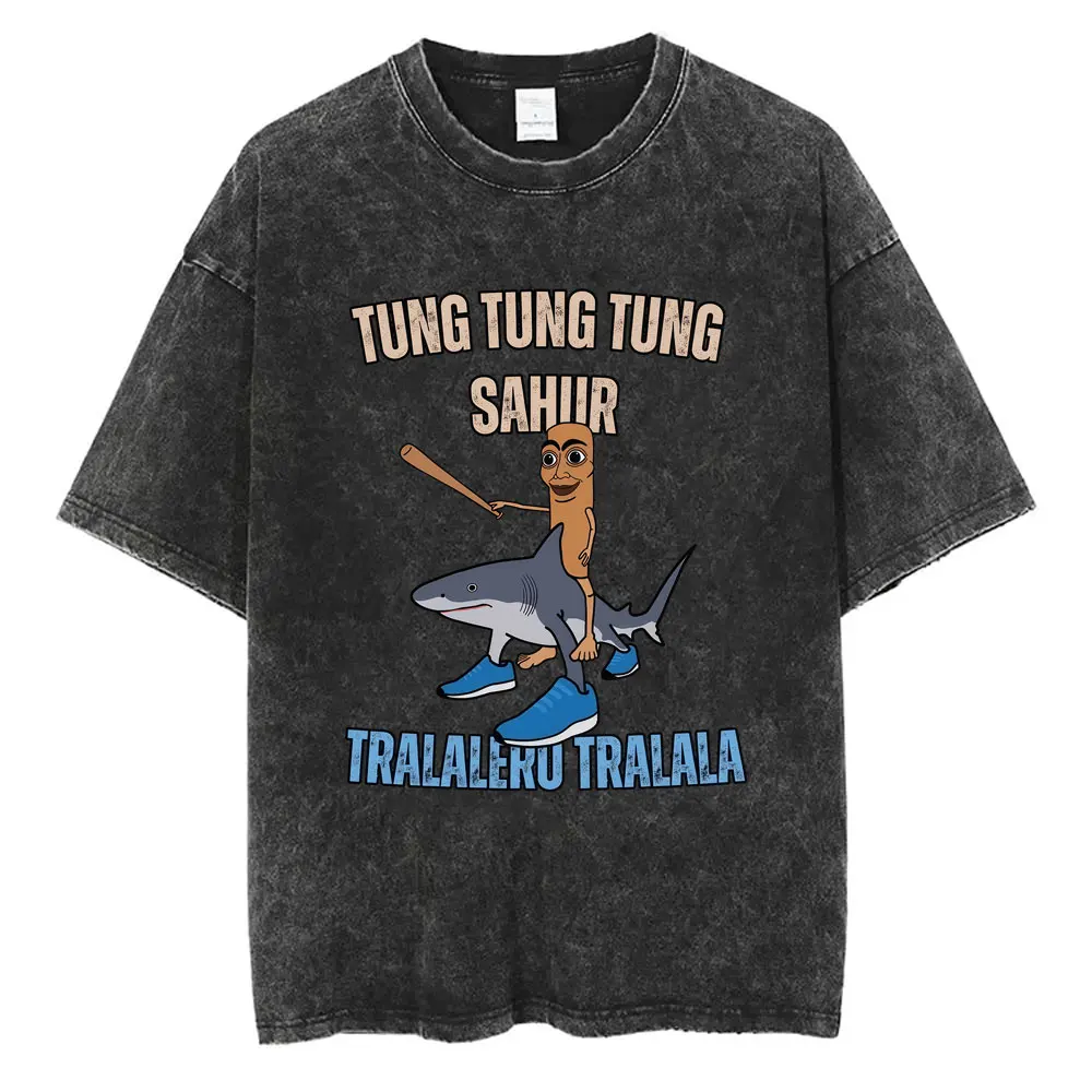 

Washed Italian Brainrot Tung Tung Tung Sahur Tralalero Tralala Baseball Bat Shark Meme T Shirts Man Fashion Oversized T-shirt