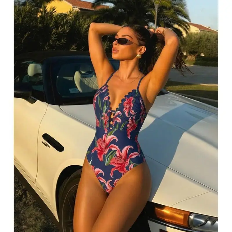 Flaxmaker Women Swimwear And Skirt Summer V Neck Sleeveless Adjustable Shoulder Straps Blue Print Swimsuit Set Elegant Beachwear