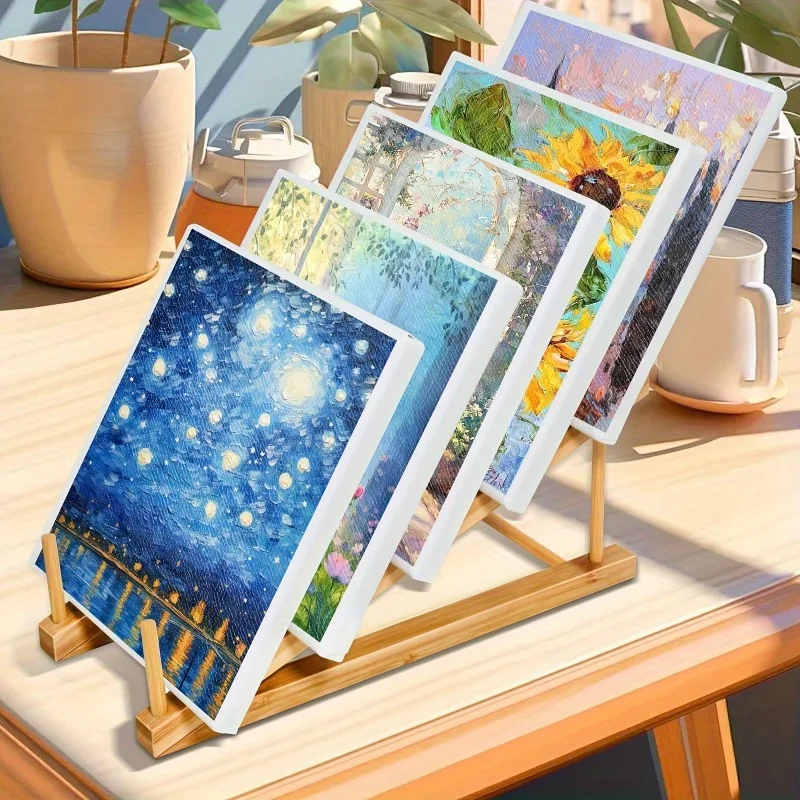 5-Tier Bamboo Art Display Stand - Sturdy Space-Saving Vertical Hanging Rack for Oil & Acrylic Canvases - Artist Studio Deco