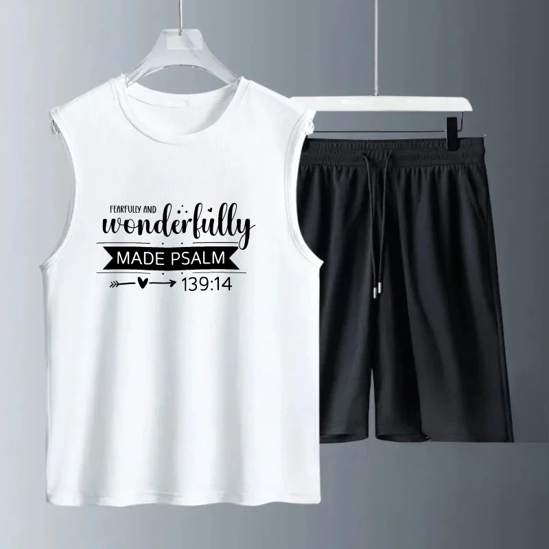 بدلة صدرية رجالية صيفية بدون أكمام مطبوعة بشكل رائع بدون أكمام + شورت بدلة رياضية مجموعة بدلة تدريب للرجال 	 طقم 2 قطعة