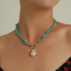 Malachite Alloy Pearl Turquoises Women Necklace New Retro Fashion Green Color Stone Pendant Necklace Accessories Wholesale