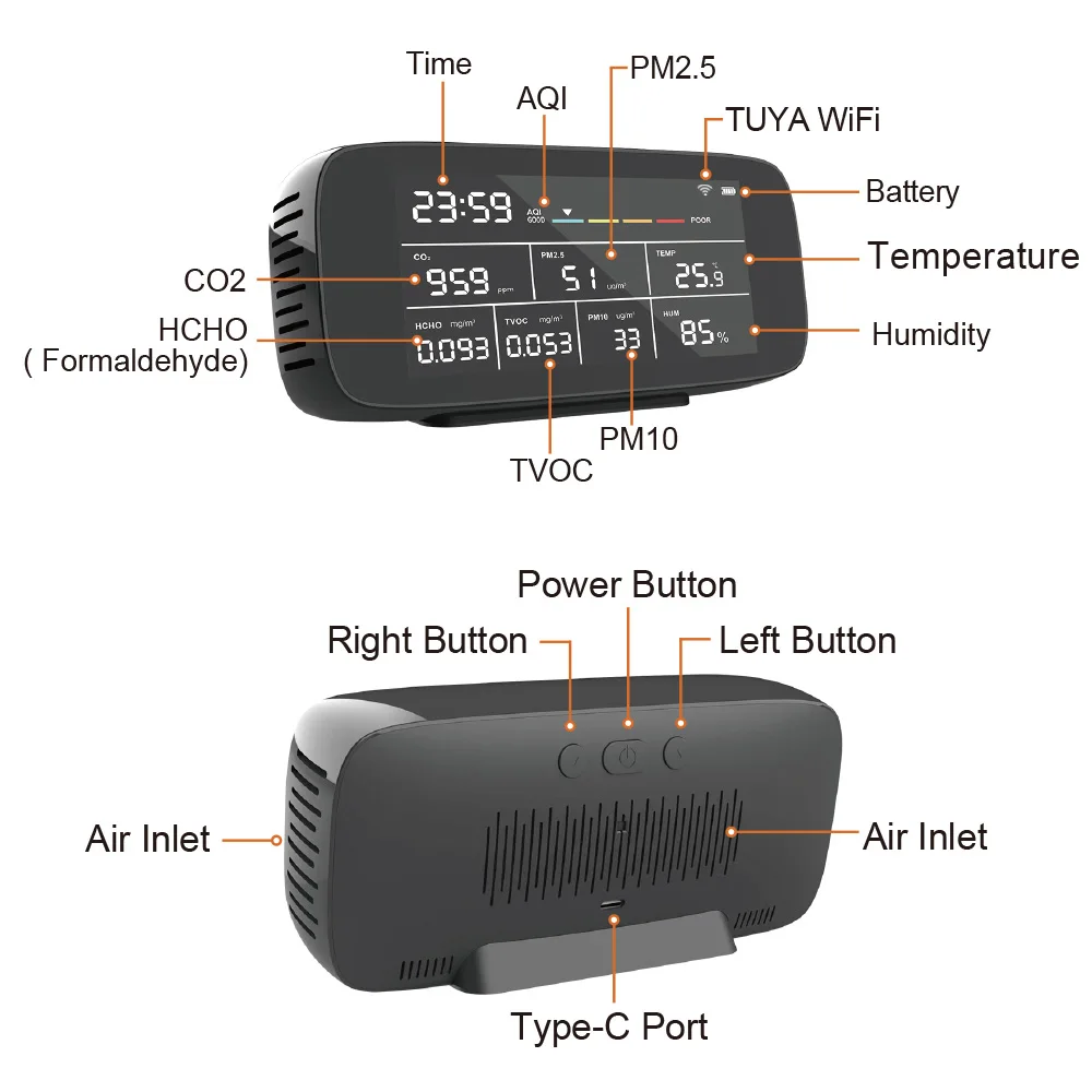 실내 공기질 감지기용 멀티 가스 감지기, LCD 디스플레이, CO2, PM2.5, 온도 습도 센서, 와이파이 연결 계량기