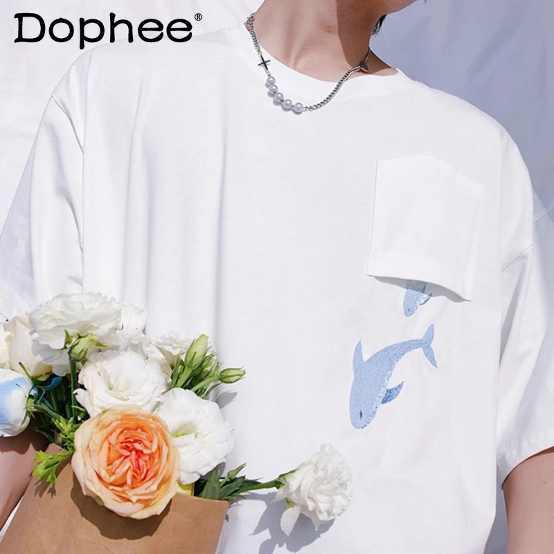 

Couple 2025 Summer New Embroidery Design Animal Print Stylish Tops Short Sleeve Round Neck T-shirts Fashion Loose Comfort Tees