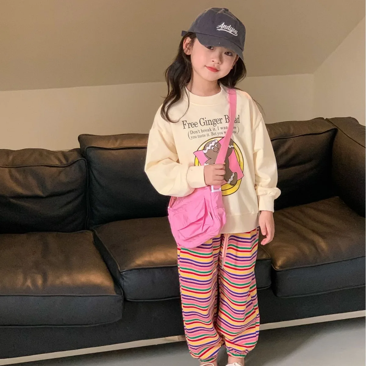 2024 Spring Autumn Children Girl 2PCS Clothes Set Cartoon Letter Sweatshirt Suit Rainbow Striped Jogger Pant Baby Girl Tracksuit