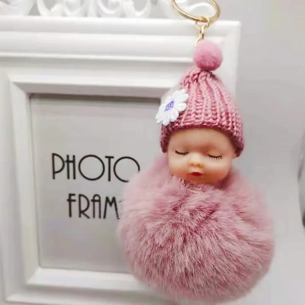 Cute Pompom Sleeping Baby Keychain Fluffy Plush Doll Fur Ball Car Key Ring Gift Bag Pendant Women Girl