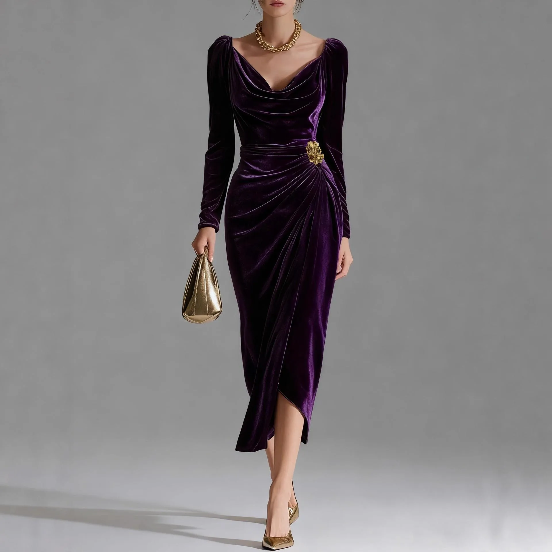 Long Sleeve Pleated Dresses High Waist Western with Square Neck a Line Streetwear One Maxi Length Urban Pleated Dress for Women