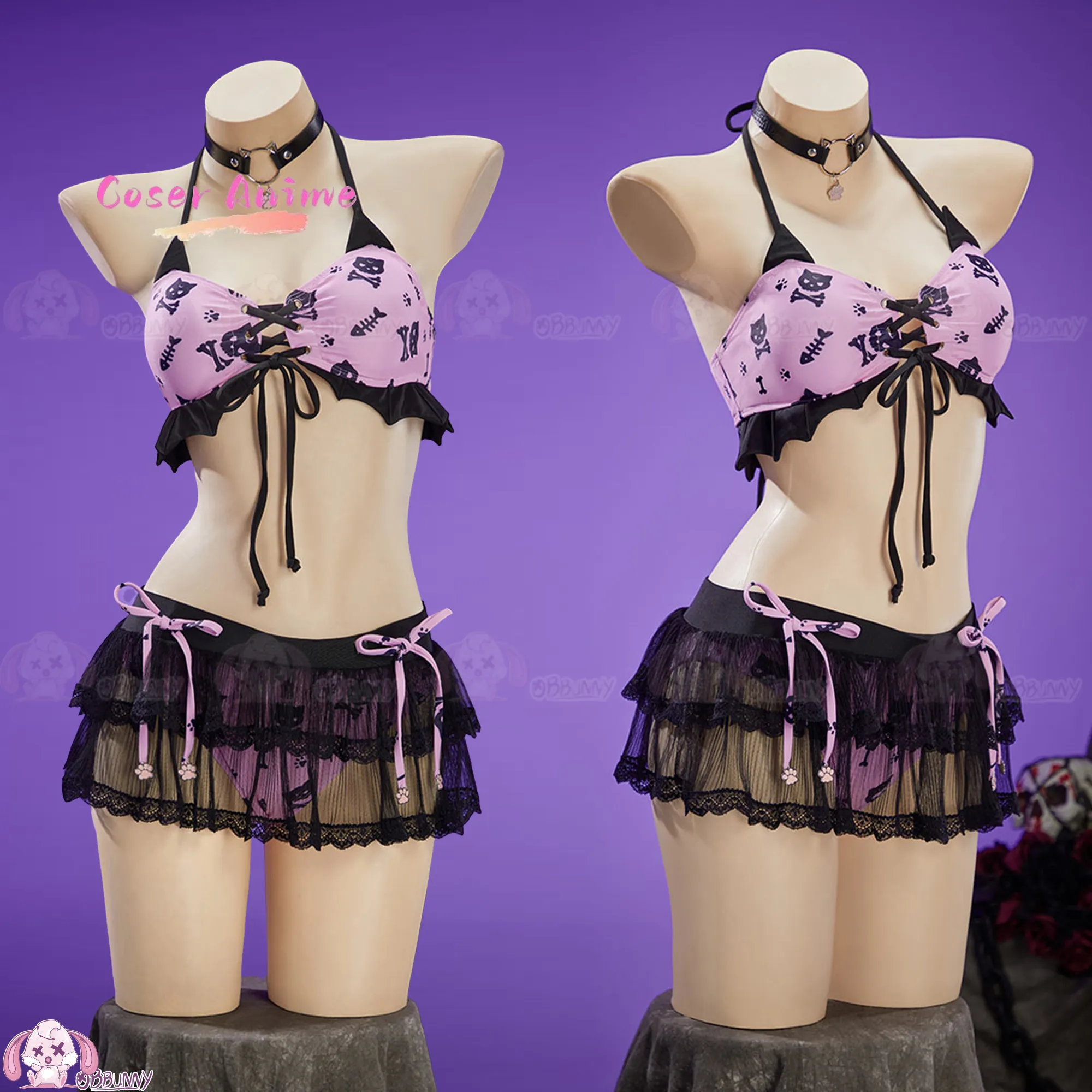 

Kawaii Gothic Cat Split Halter Swimsuit, Black Pink Purple Light Y2K Cute Bikini Set