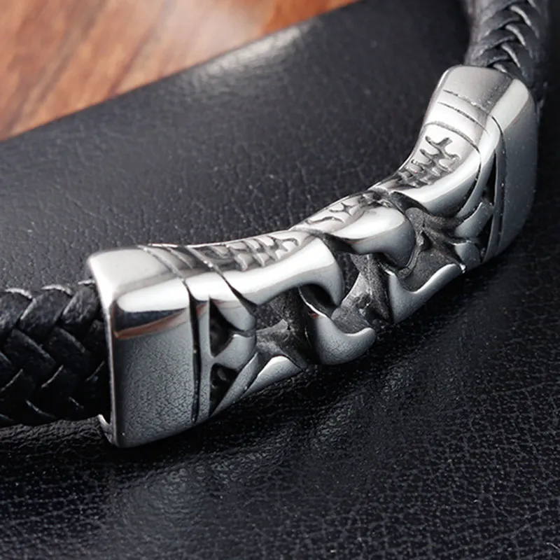 Vintage Stainless Steel Totem Jewelry Hip-Hop Genuine Leather Weave Viking Bracelet for Men Party