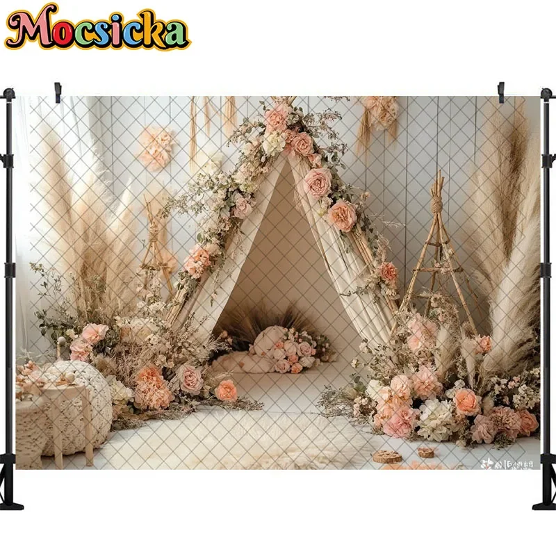 Mocsicka Photography Background Boho Tent Blanket Floral Decoration Newborn Baby Portrait Photo Backdrops Studio Props banner