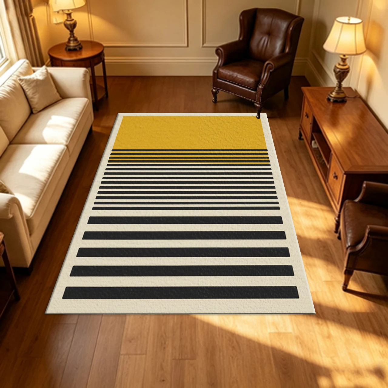 Mustard Black Vertical Striped Modern Style Carpet