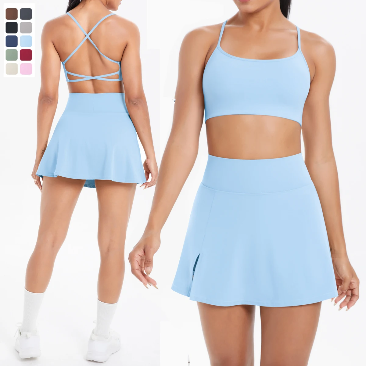 2PCS Sportswear Yoga Set Gym Clothes for Women Tracksuits Sports Skirt Crossover Bra Gym Yoga Suits