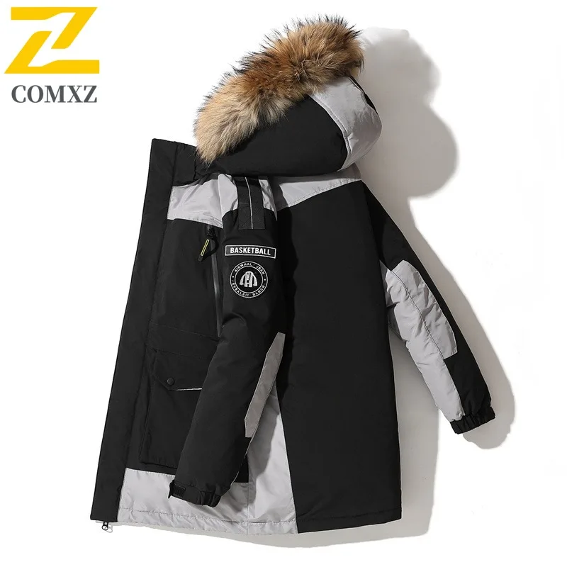 Coxz novo fofo 90 para baixo jaqueta masculina gola casual leve gola de pele quente com capuz casaco puffer zíper cor pura na moda parka