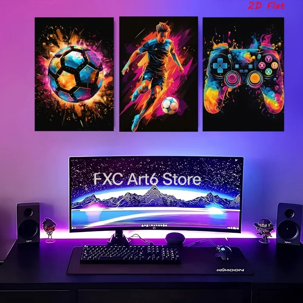 3pcs frameless - Vibrant Soccer Canvas Wall Art - , Dynamic Splatter Ink Print, Modern Aesthetic Poster for Bedro