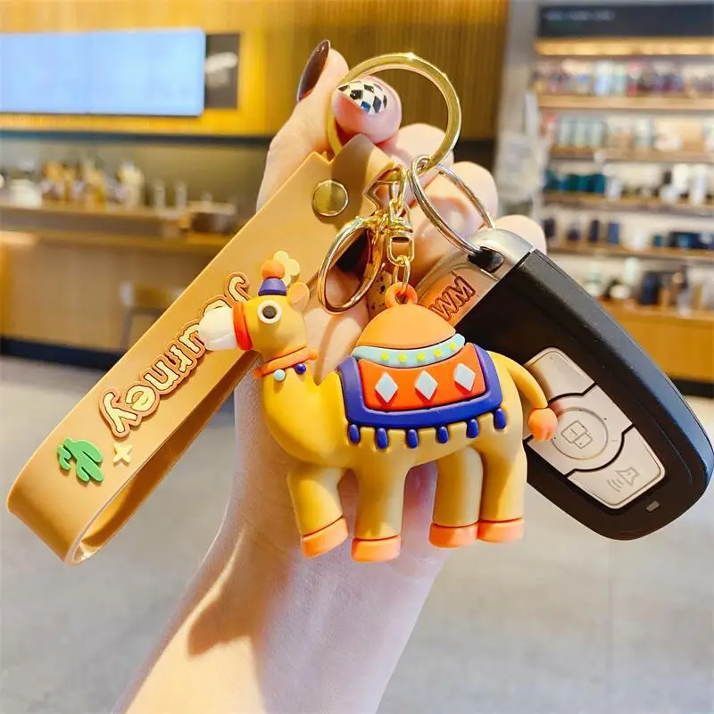 Cute 3D Camel Keychain Cartoon Desert Camel Doll Key Ring with Journey Wrist Strap Animal Key Pendant Bag Car Key Holder Gift