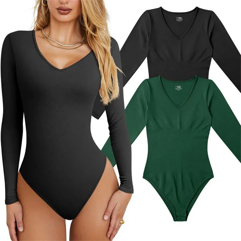 

T-shaped Crotch Sexy Solid V-neck Jumpsuit Long Sleeved Breathable Quick Drying Ribbed T-shirt Yoga Suit Jumpsuit For Women