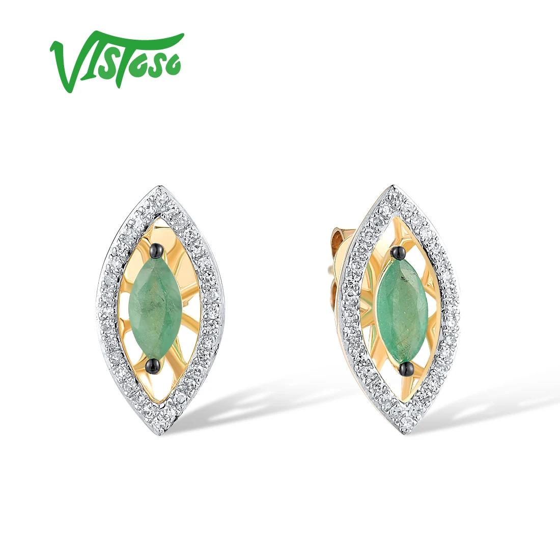 

VISTOSO 14K 585 Real Yellow Gold Earrings For Women Sparkling Diamond Emerald Marquise Elegant Wedding Party Gifts Fine Jewelry