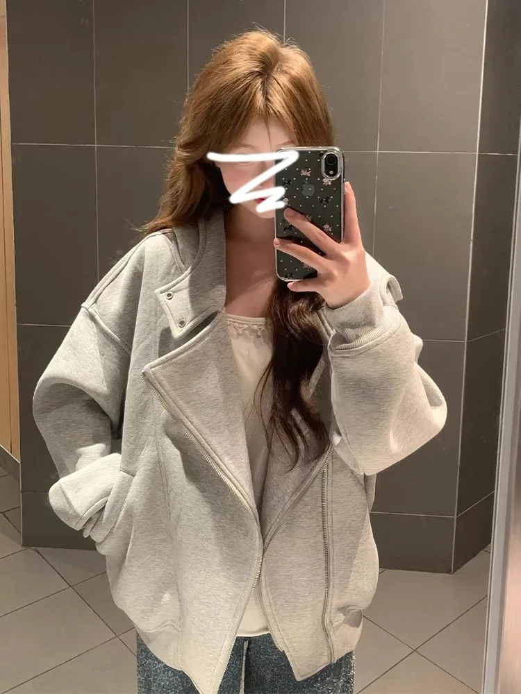 

Women's Gray Hooded Sweatshirt Autumn Jacket Casual Top Female Fashion Long Sleeved Warm Thin Coat Oversize Clothes