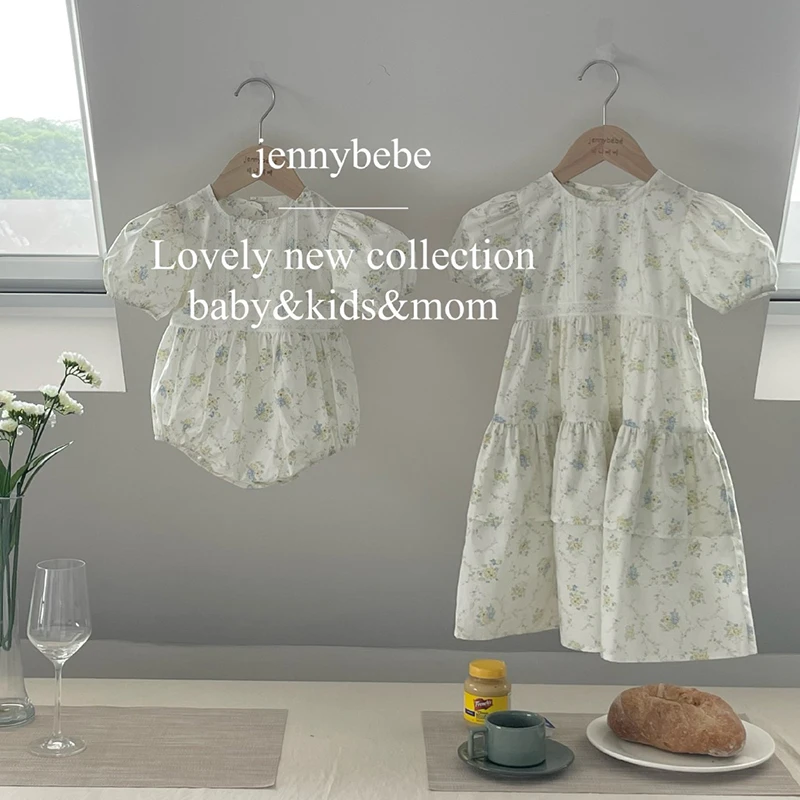 Mädchen Blumen Spitze Kleid Rüschen Baby Stram pler Kleid Sommer Kinder Kurzarm Strand kleider Kleinkind Bodysuit Schwester Familie Kleidung