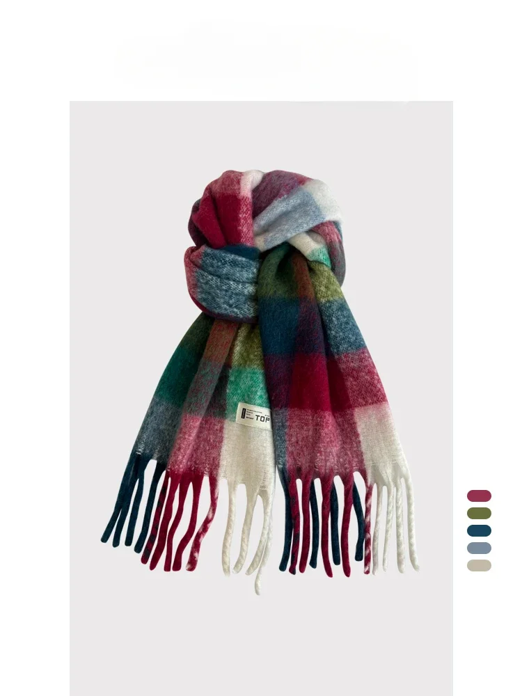 

Korean Colorful Grid Tassels Mohair Scarf for Women, 2024 Winter New Warm Thickened Student Shawl and Neck Warmer for Men