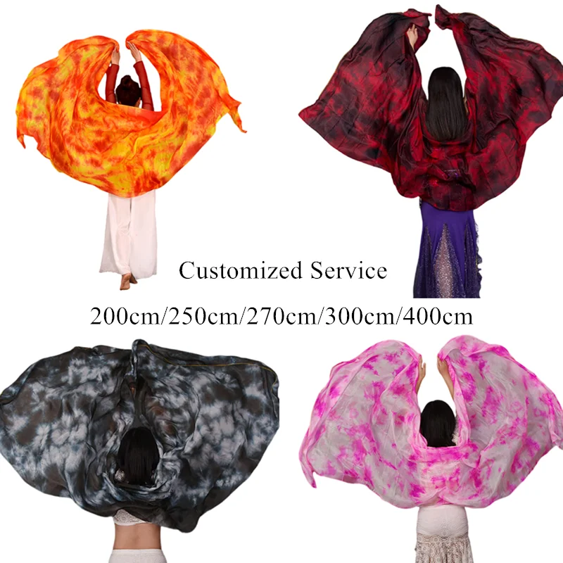 Véu de seda personalizado para dança do ventre, lenço de mão, xale, tintura floral, dançarina, adereços de show de palco, flowy, leve, 400cm