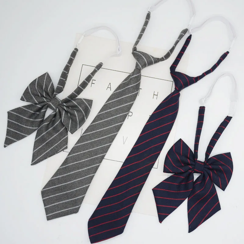 7CM Width Cotton Striped Lazy Ties For Men Women Student Bowknot Casual Black Grey Clip Tie Uniform Shirt Accessories Big Bowtie