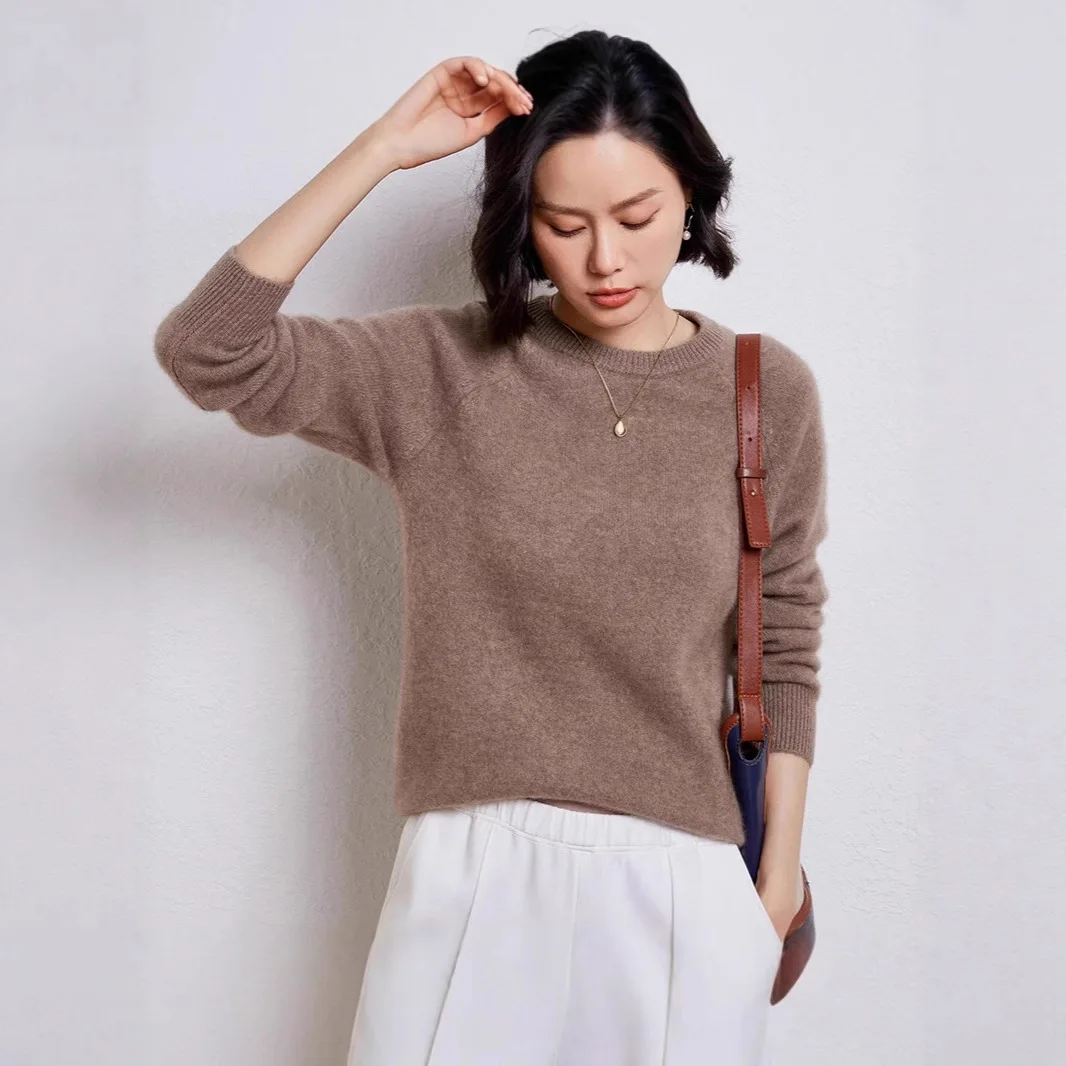 Loose Thickened Knitted Woolen Sweater Women's round Neck Shoulder Insert Sleeve Autumn Winter New Style Pure Color Overhead...