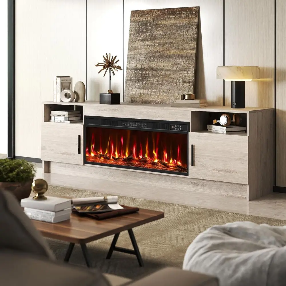 

70 Inch TV Stand with 36 inch Electric Fireplace 12 LED Light Entertainment Center for TVs Up to 85 Black Modern Wood Media TV C