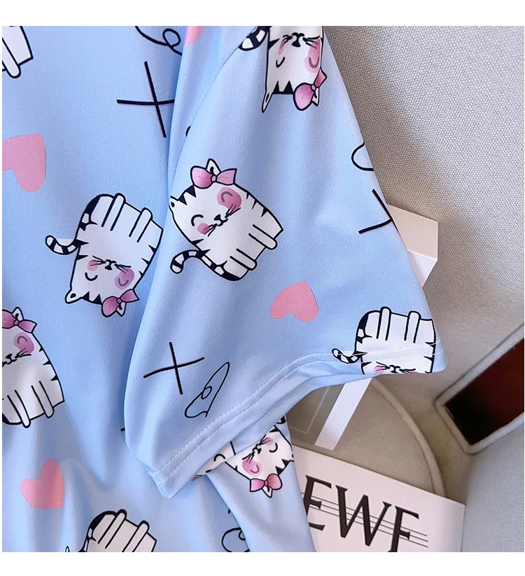 New 2023 Summer Plus Size Women Pajamas Sets Large Size Blue Print T-shirt And Shorts Home Wear Suit 4XL 5XL 6XL 7XL 8XL 9XL