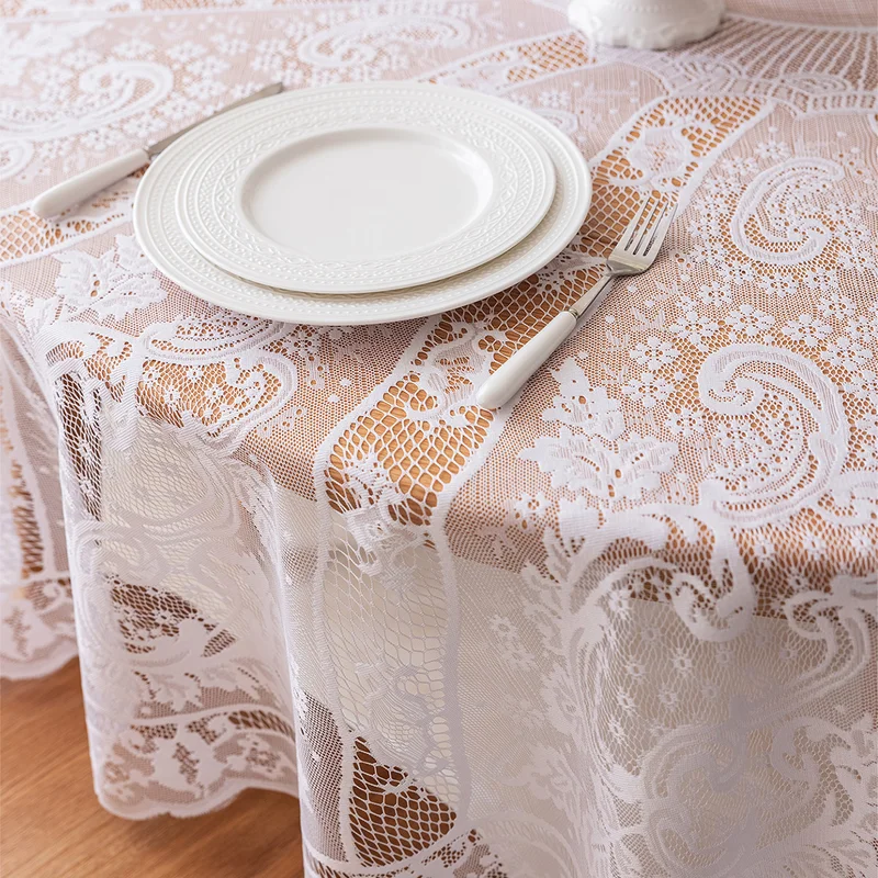 Elegant White Lace Tablecloth Anti-dust Rectangular Table Cover Romantic Hollow Out Design Home Dining Room Wedding Party Decora