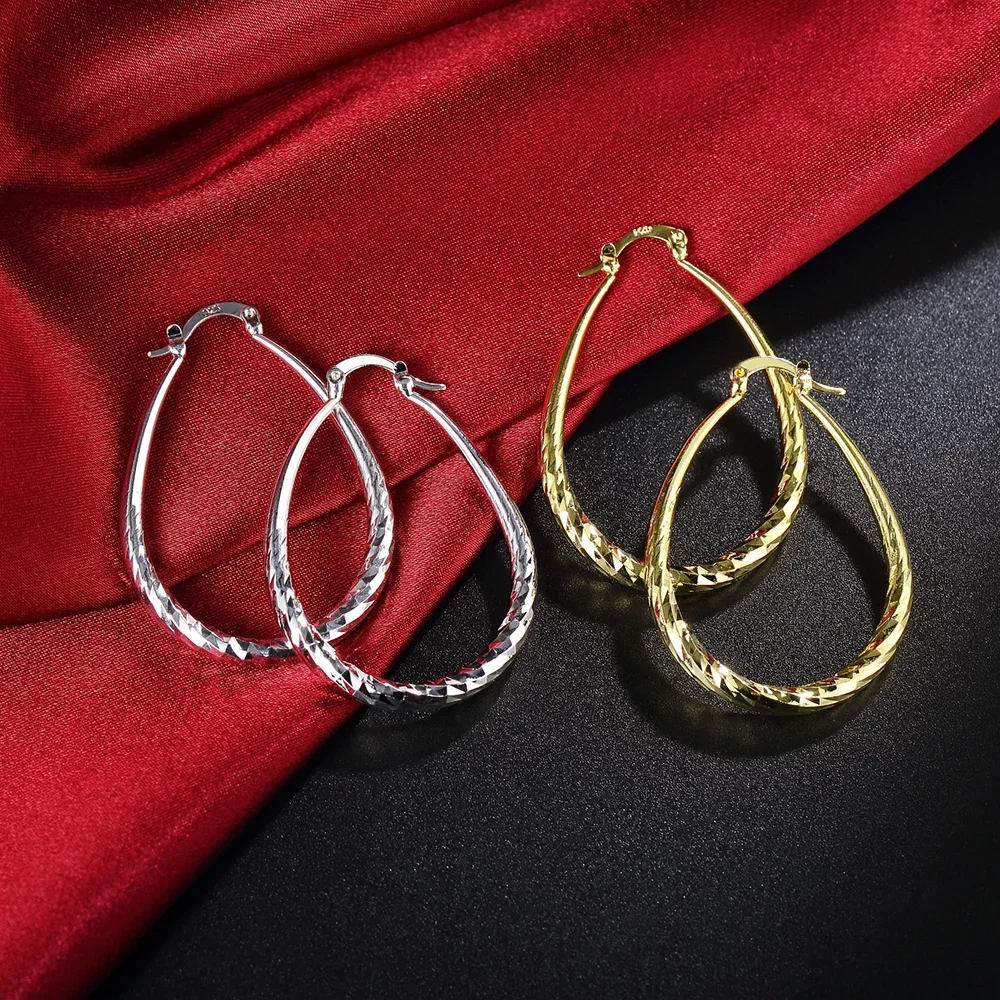 Fine 18K gold plated 925 Sterling Silver oval Rope 4.4cm hoop earrings for woman Fashion party Jewelry Wedding Christmas Gifts