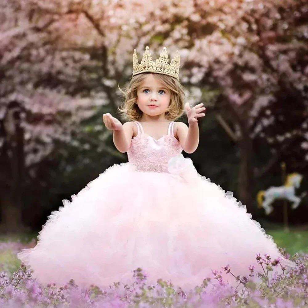 

New Classic Pink Flower Girl Dresses Spaghetti Straps Lace Appliques Beads Sashes Birthday First Communion Children Gown