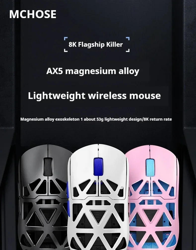 Mchose AX5Pro Wireless  Mouse Magnesium Alloy Tri-mode Esports FPS Lightweight Mouse Paw3395 Sensor 8K PC Gaming Accessories