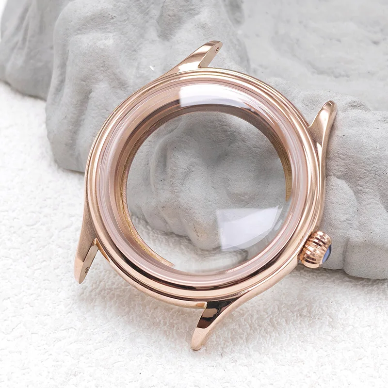 38mm Watch Case Rose Gold Stainless Steel Polished Shiny High Dome Crystal Fits NH34 NH35 NH36 Movements NH35 Watch Mod Parts