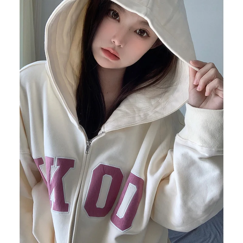 Sweatshirt Pink Women Hooded Coat Vintage Grey Printing Jacket Long Sleeve Korean Fashion Casual Y2K Style Winter Female Tops