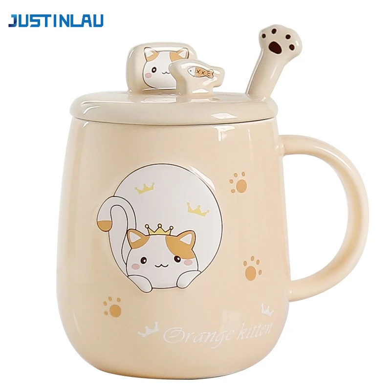 

JUSTINLAU Cat Mug with Lid and Spout Creativity Ceramic Cup Cartoon Mugs Household Coffee Cup Personality Drinkware Office Cups