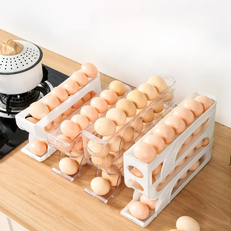 3/4 Layers Automatic Rolling Egg Storage Box Holder Rack Organizer Kitchen Refrigerator Side Door 30 Eggs Dispenser Storage Rack