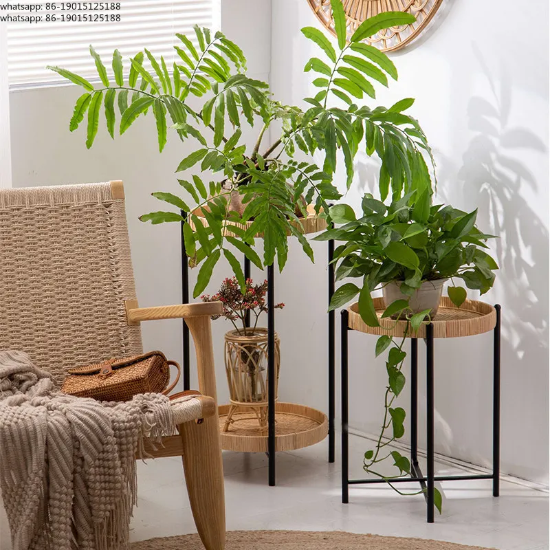 Modern 2 Tier Balcony Rattan Flower Pot Stand Metal Art Round Disk Wicker Plant Holder Shelf Indoor Outdoor Garden Display Rack