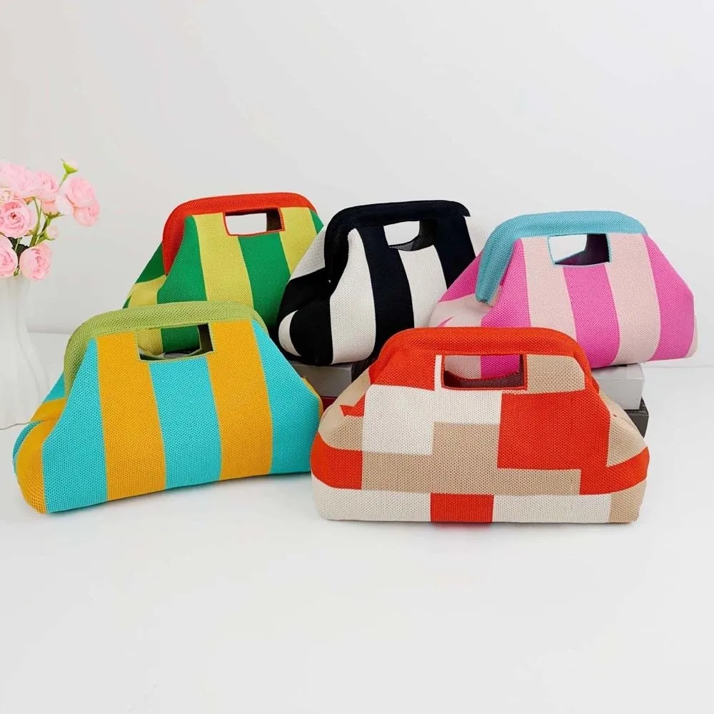 Knitting Wristlet Bag Woven Knit Handbag Lightweight Handmade Striped Tote Bag Flexible Washable Contrast Color Purse Cosmetic
