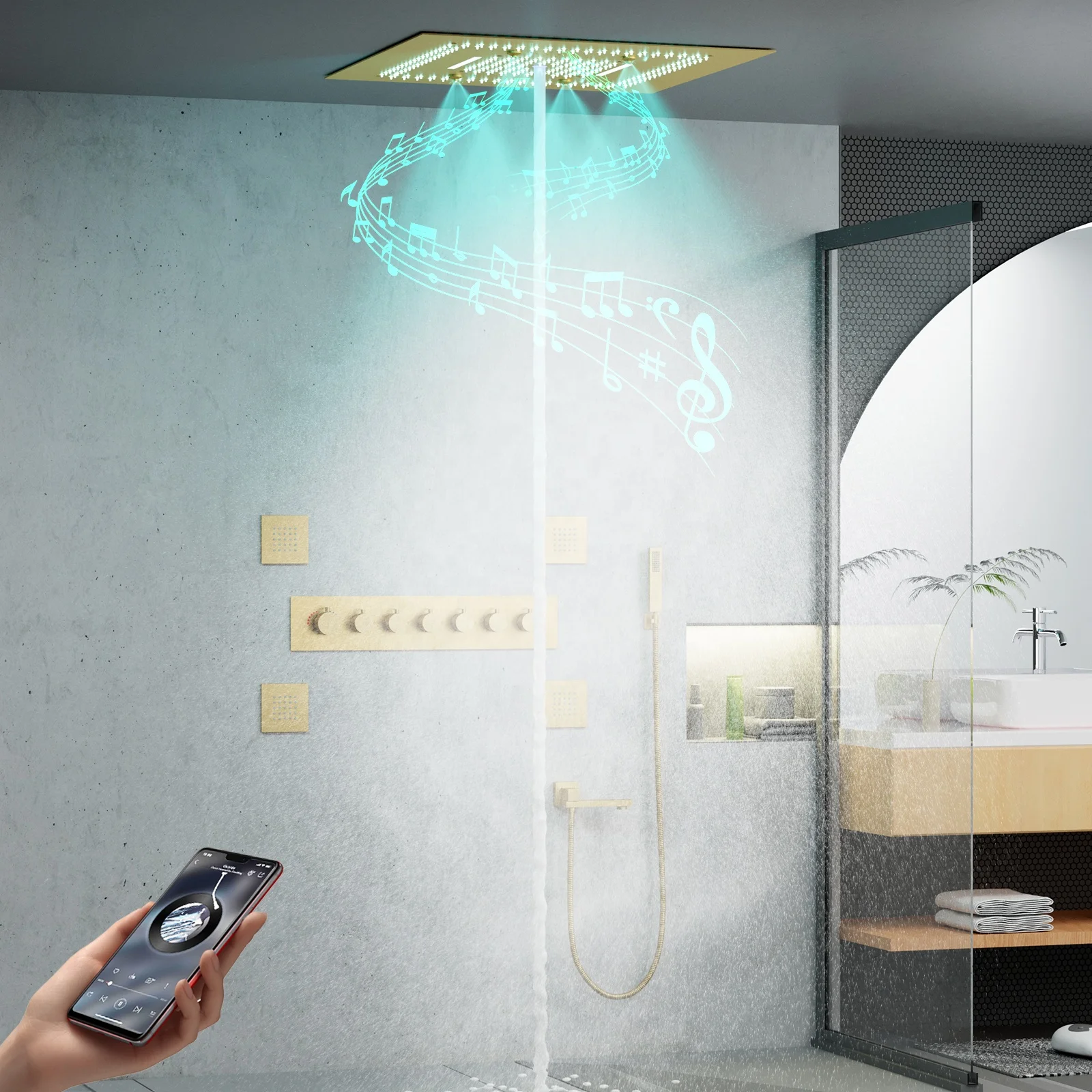Luxurious Music Large Thermostatic Shower System 24 Inch LED Shower Head Bathroom Six Functions Brushed Gold Shower Faucet Set