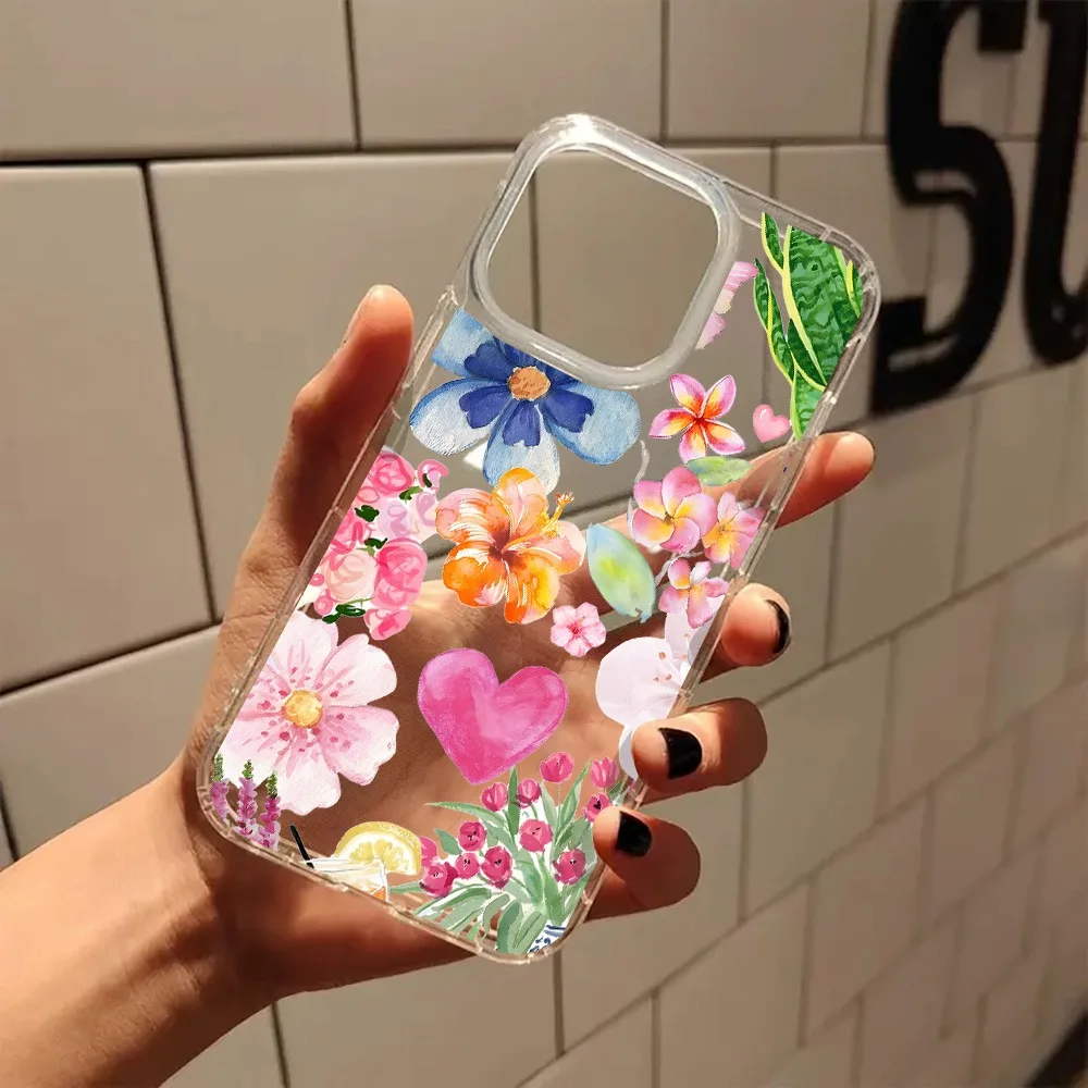 Casing Ponsel Transparan Cantik Hati Bunga Merah Muda Cocok untuk iPhone 17 16 11 12 13 14 15 Pro Max XS X XR 7 8 Plus Sampul Bening