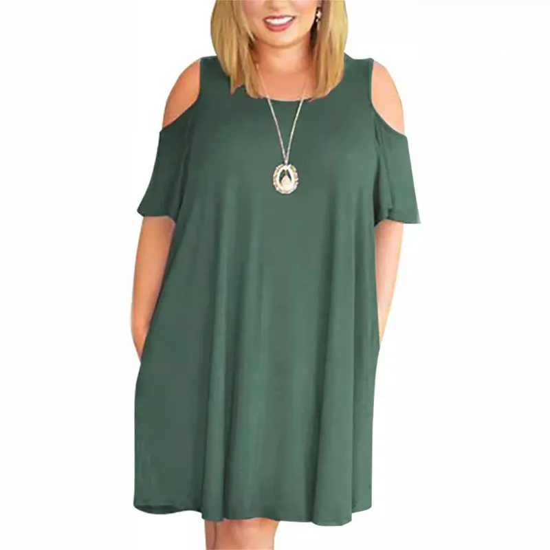 Summer new fashion women's plus-size dress loose round neck off-the-shoulder A-line skirt