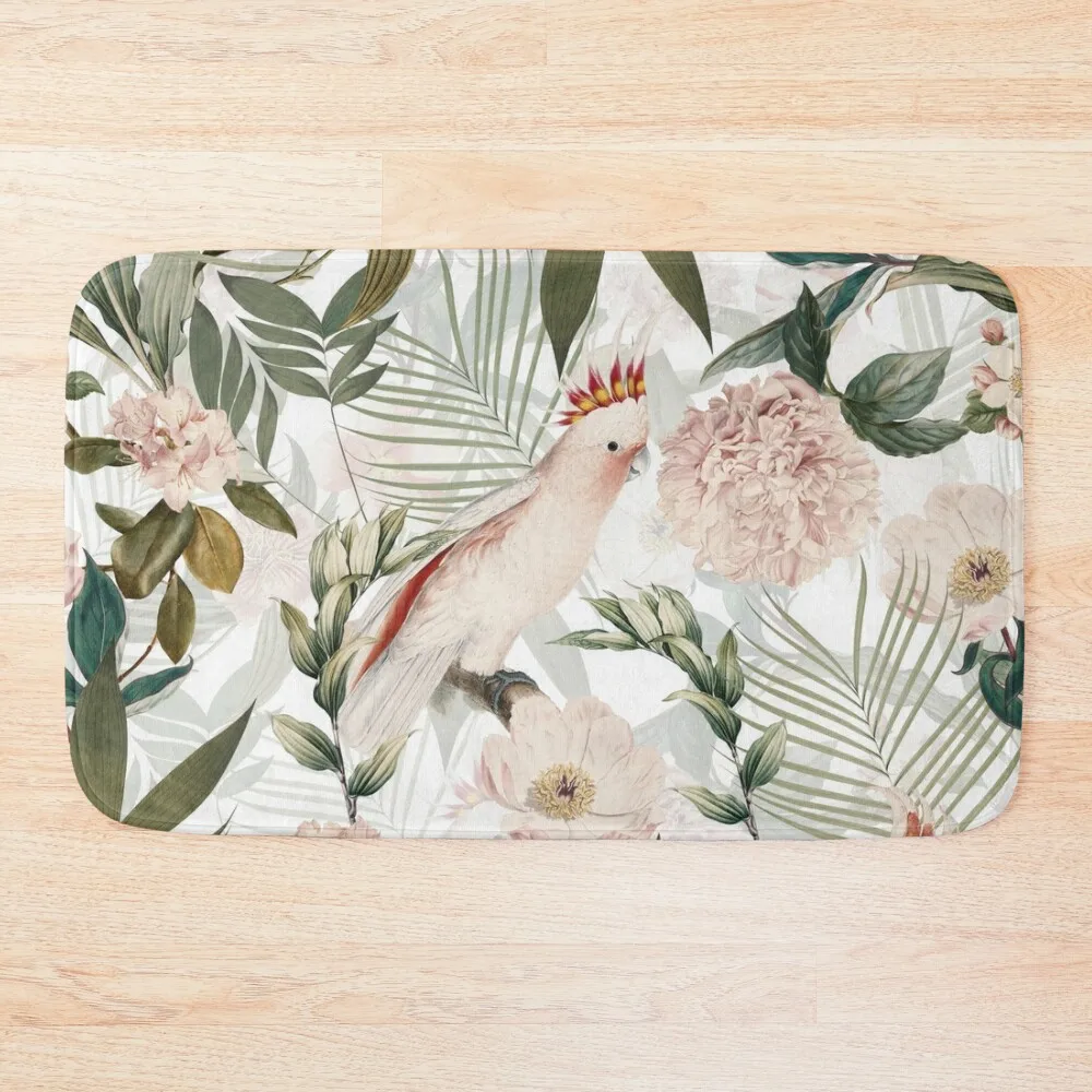 

Tropical cockatoo and jungle Botanical Garden pattern - white Bath Mat Bathroom Interior Rugs Baths Mat