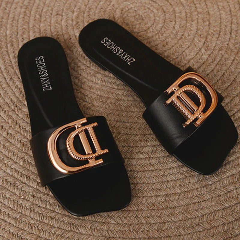 Women Luxury Slippers Buckle Design Small Incense Style Casual Women Flat Sandals External Wear Summer Sandy Beach Woman Slides