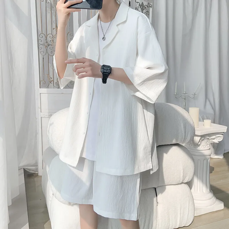 Summer White Shirt Set Men Fashion Casual Black Dress Shirts Sets Korean Loose Ice Silk Set Mens Formal Set Plus Size 5XL