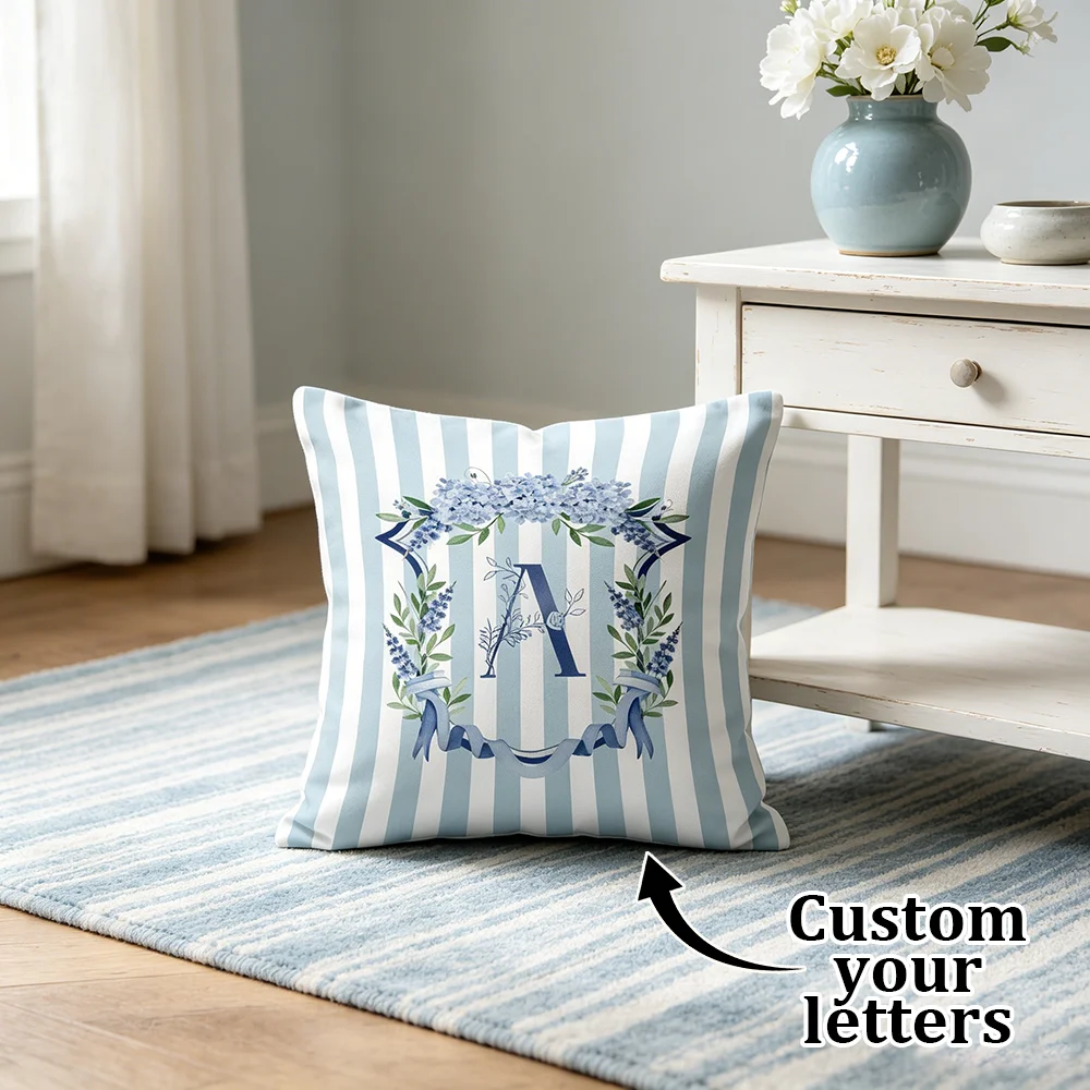1PC Custom Monogram Letter Pillow Cover, Stripe Floral Wreath Print, Personalized Cushion Case for Sofa Bedroom Home Decor Gift