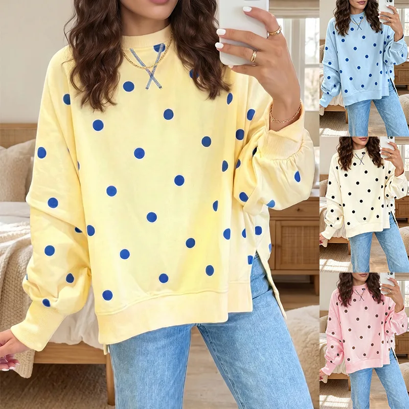 Tiktok 2026 Autumn/winter New Collection: Women's Loose-fit Sweatshirt With Polka Dot. Print And Color Blocking Sexy