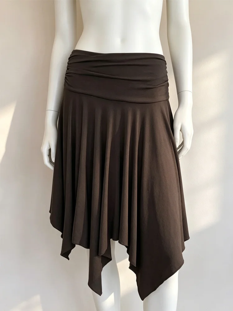 Spring new style, summer retro ruffle edge irregular half skirt, low waist pleated versatile, elegant solid color