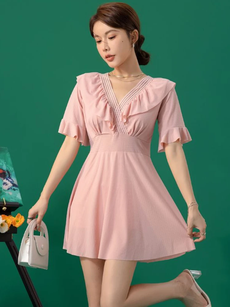 

Cover-ups Women Simple Casual Sweet V-neck Streetwear Party Solid Korean Style High Waist Swimwear Elegant Holiday Fashion New