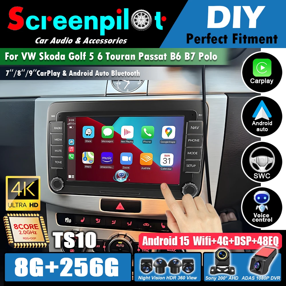 Android Car Radio 7''8''9'' For VW Skoda Golf 5 6 Touran Passat B6 B7 Polo Multimedia Wireless for Carplay Auto Screen GPS WIFI