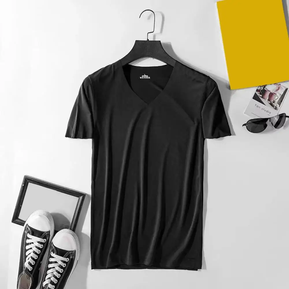 Men Summer T-shirt V Neck Thin Ice Silk Solid Color Thin Stretchy Pullover Mid Length Sweat Absorption Quick-drying Sport Fitnes
